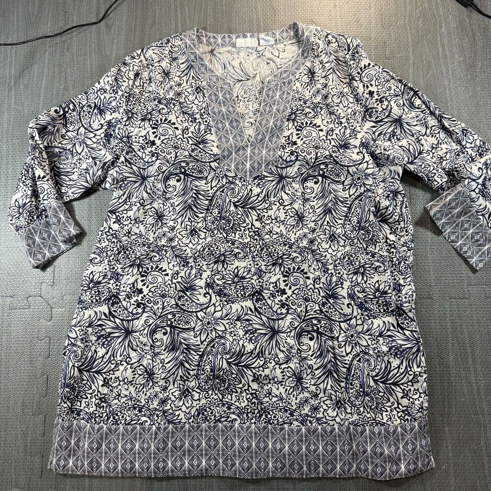 SIGRID OLSEN Blue & White 100% Linen Floral Paisley Boho Tunic Top SIZE L